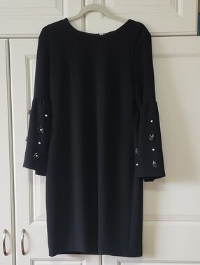 Karl Lagerfeld Black Long Sleeve Shift Dress with Pearl & Floral Sleeve Accents